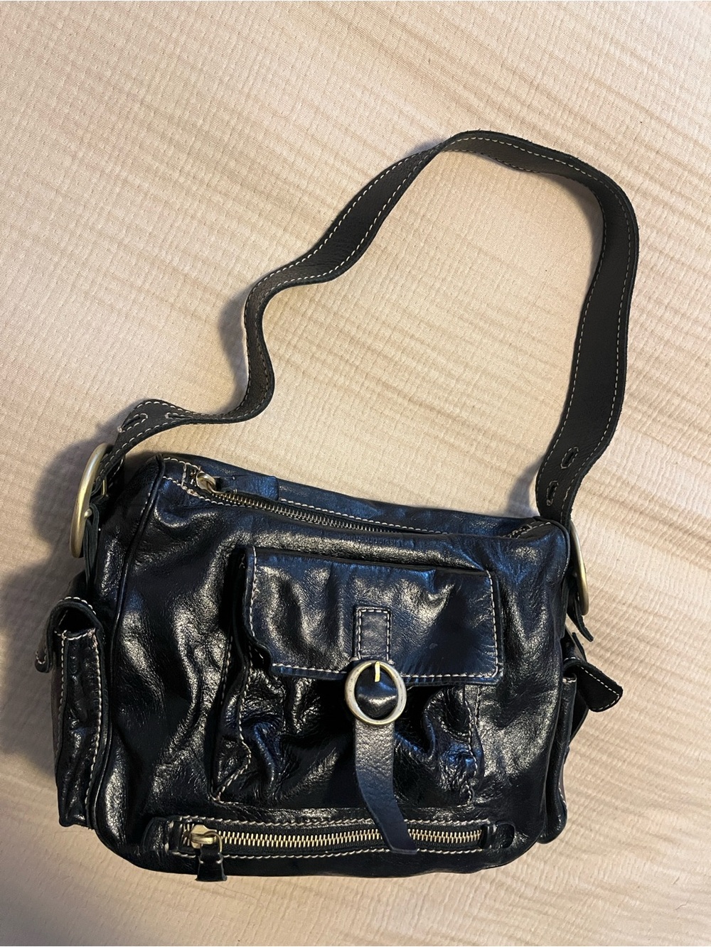 Francesco Biasia Black Leather Shoulder Bag with Front Pockets